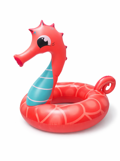 タツノオトシゴ型インフレータブルフロートの商品画像。レッド系カラーのシーホースデザインで、座って乗れるPVC製のプール用浮き輪。