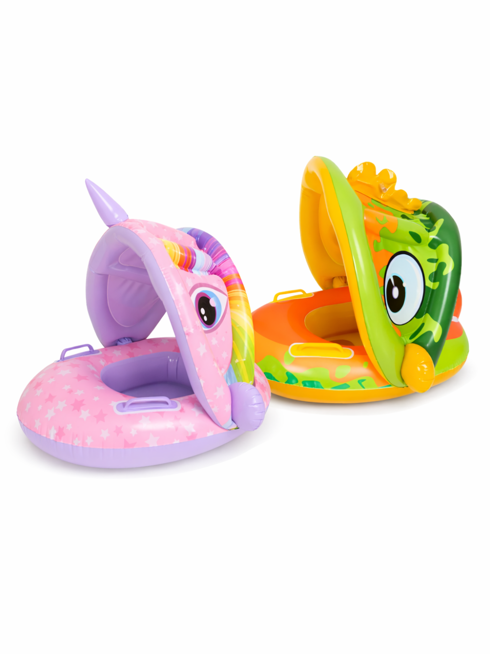 日よけキャノピー付きベビー浮き輪（ユニコーン／恐竜デザイン）。座りやすいシート形状と持ち手付きで、プールや海の水遊びに使える。
