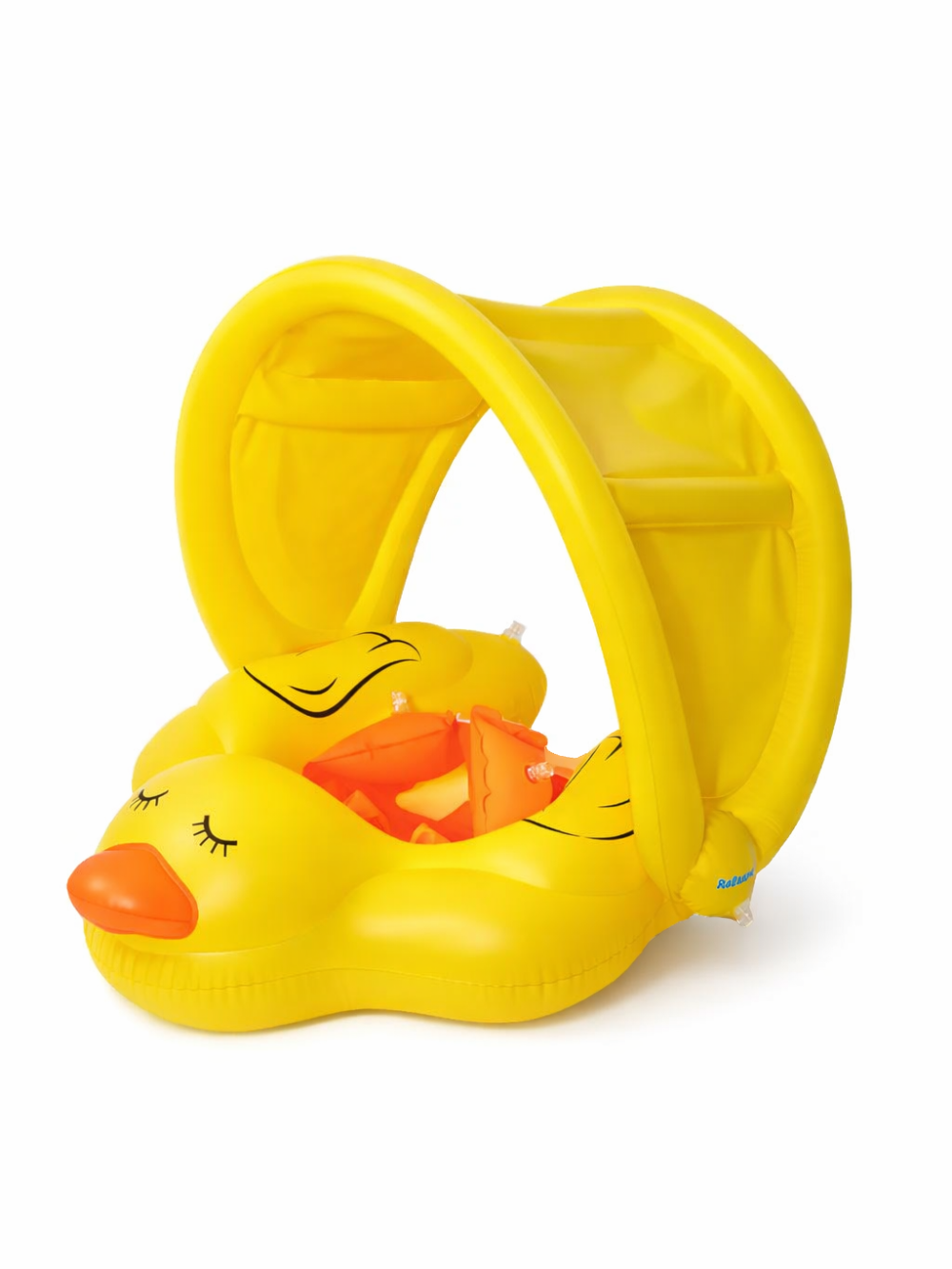 黄色のアヒル型ベビー用フロート（サンシェード付き）。オレンジのくちばしと座面付きで、白背景の斜めアングル商品画像。