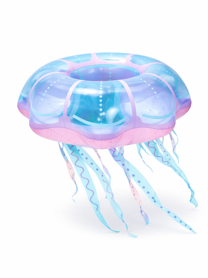 クラゲモチーフの透明フロート。ブルー×ピンクのグラデーションに、下部へリボン状の触手が垂れるデザインの浮き輪。