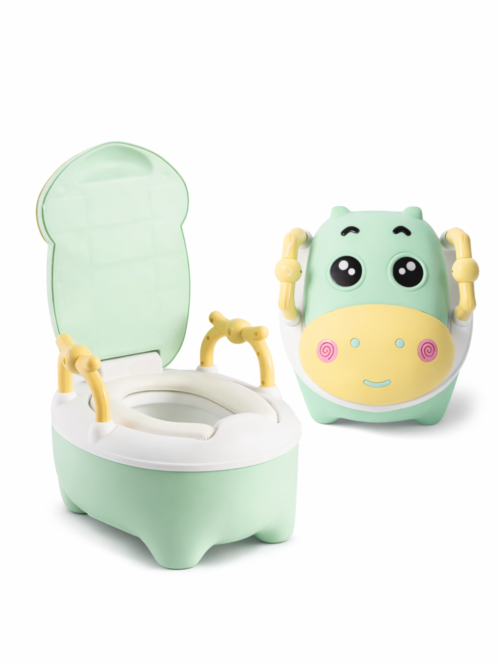 キャラクター顔デザインのキッズ用おまる（ミントグリーン）。フタを開けた状態の本体と、正面の顔デザインを見せた本体を並べた商品画像。