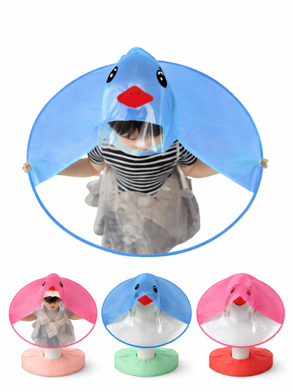 鳥モチーフのキッズ用レインケープ傘（ポンチョ傘）。ブルーの着用イメージと、ピンク/ブルーのカラーバリエーション小画像が並んだ商品画像。