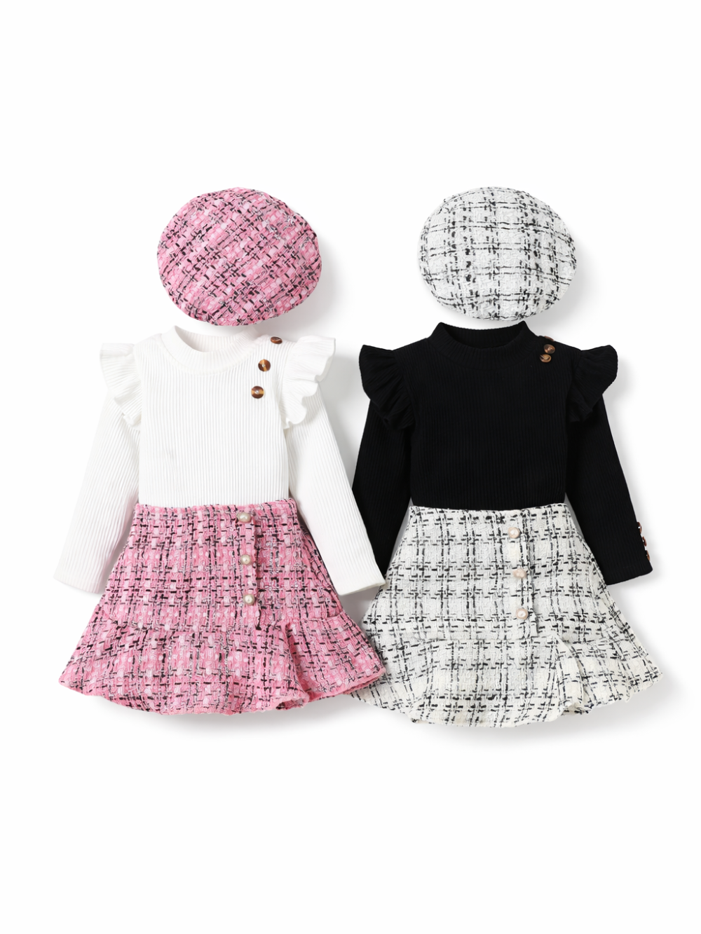 女の子用ツイードスカートコーデ2点セット（ベレー帽付き）。ホワイトのリブトップス＋ピンクツイードスカート、ブラックトップス＋白黒ツイードスカートの2カラー展開。