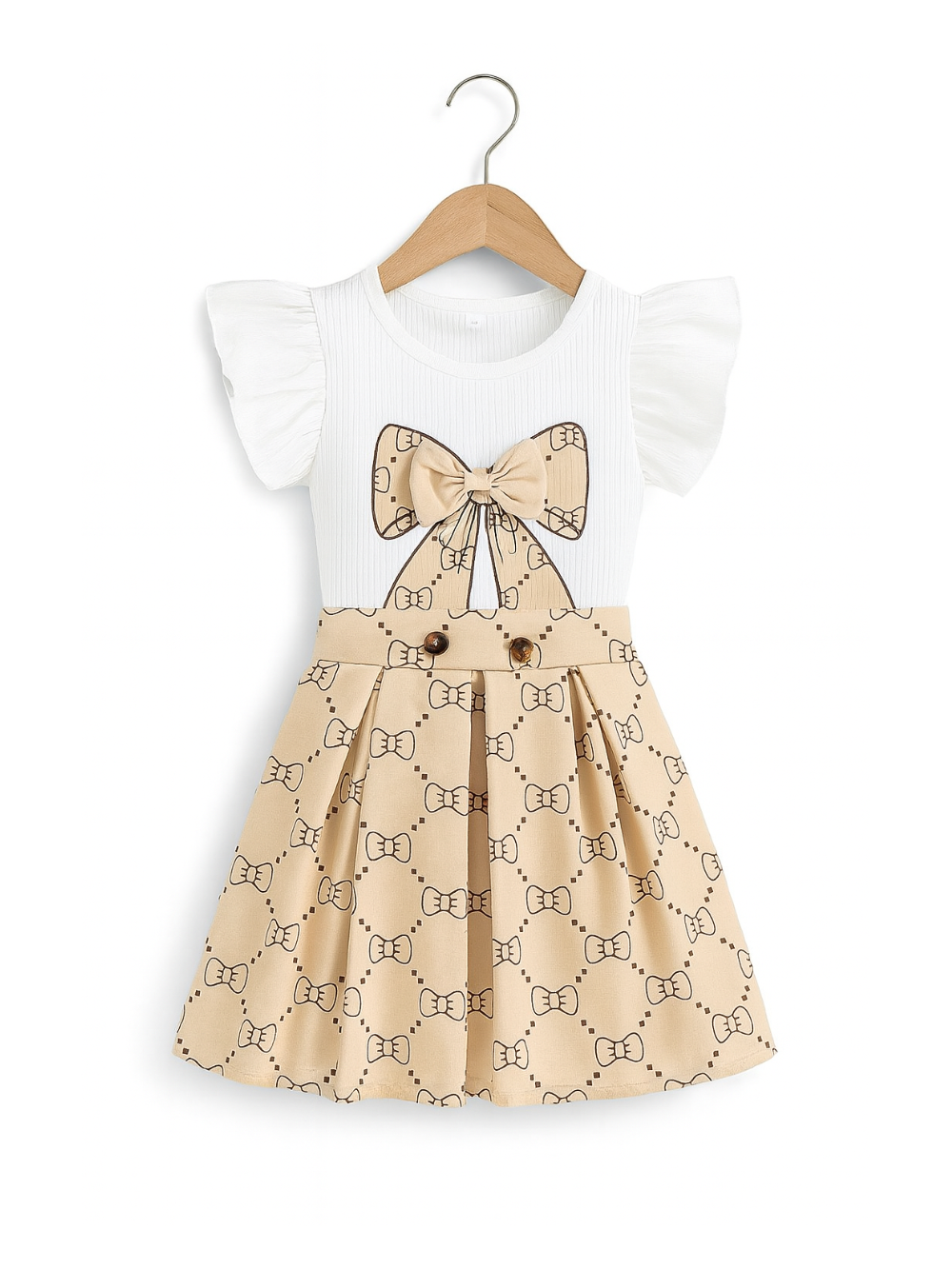 女の子用セットアップ：白いフリル袖のリブトップスとベージュのプリーツスカート。トップスには大きなリボンのプリントと立体的なリボン付き。スカートにはブラウンのリボン柄と装飾ボタンが施され、上品で可愛らしいデザイン。スタジオ風の白背景で撮影された高解像度画像。
