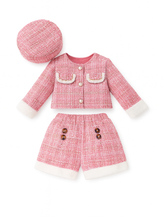 ピンクとホワイトのツイード素材の女の子用セットアップ。パールボタン付きの長袖ジャケットと、装飾ボタンが付いたショートパンツの2点セット。同素材のベレー帽付き。高解像度、白背景、スタジオ撮影、上品で可愛らしいデザイン。
