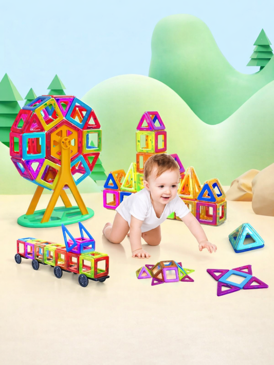 子どもがマグネットタイルで立体を組み立てる使用イメージ
