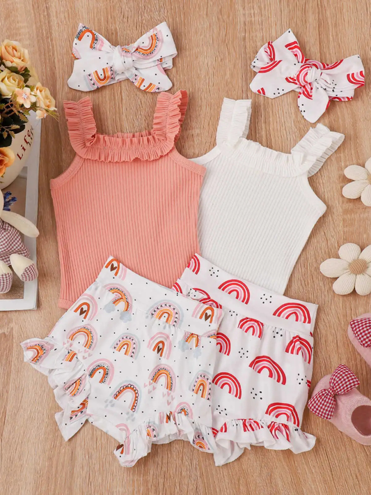 ホワイトとピンクの女の子ノースリーブボディスーツ上下セット 全体並び
