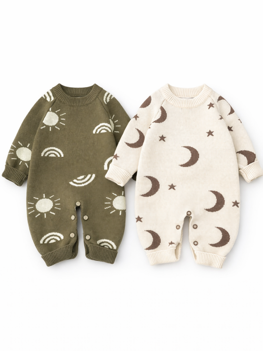 月と星柄デザインのベビー長袖カバーオール2点セット全体（色違い）
