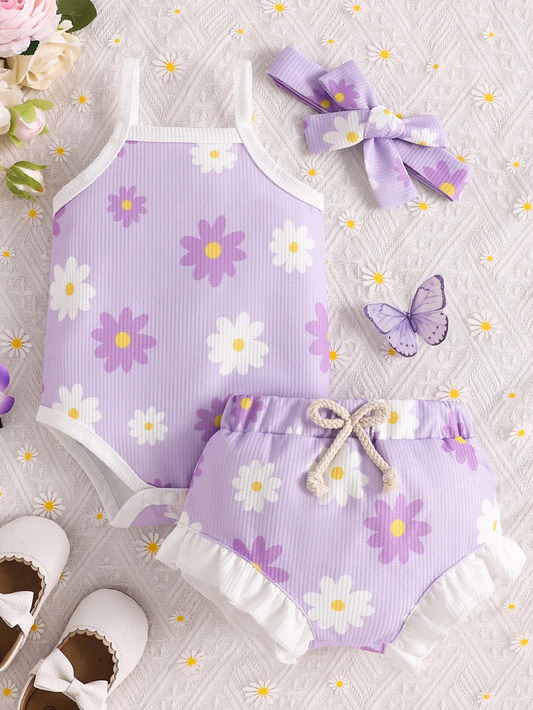 ラベンダーの花柄ノースリーブトップスとフリルショーツのセット全体（リボン付き）
