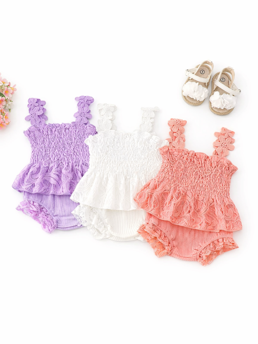 パープル・ホワイト・ピンクのレースキャミソール上下セット 3色並び全体
