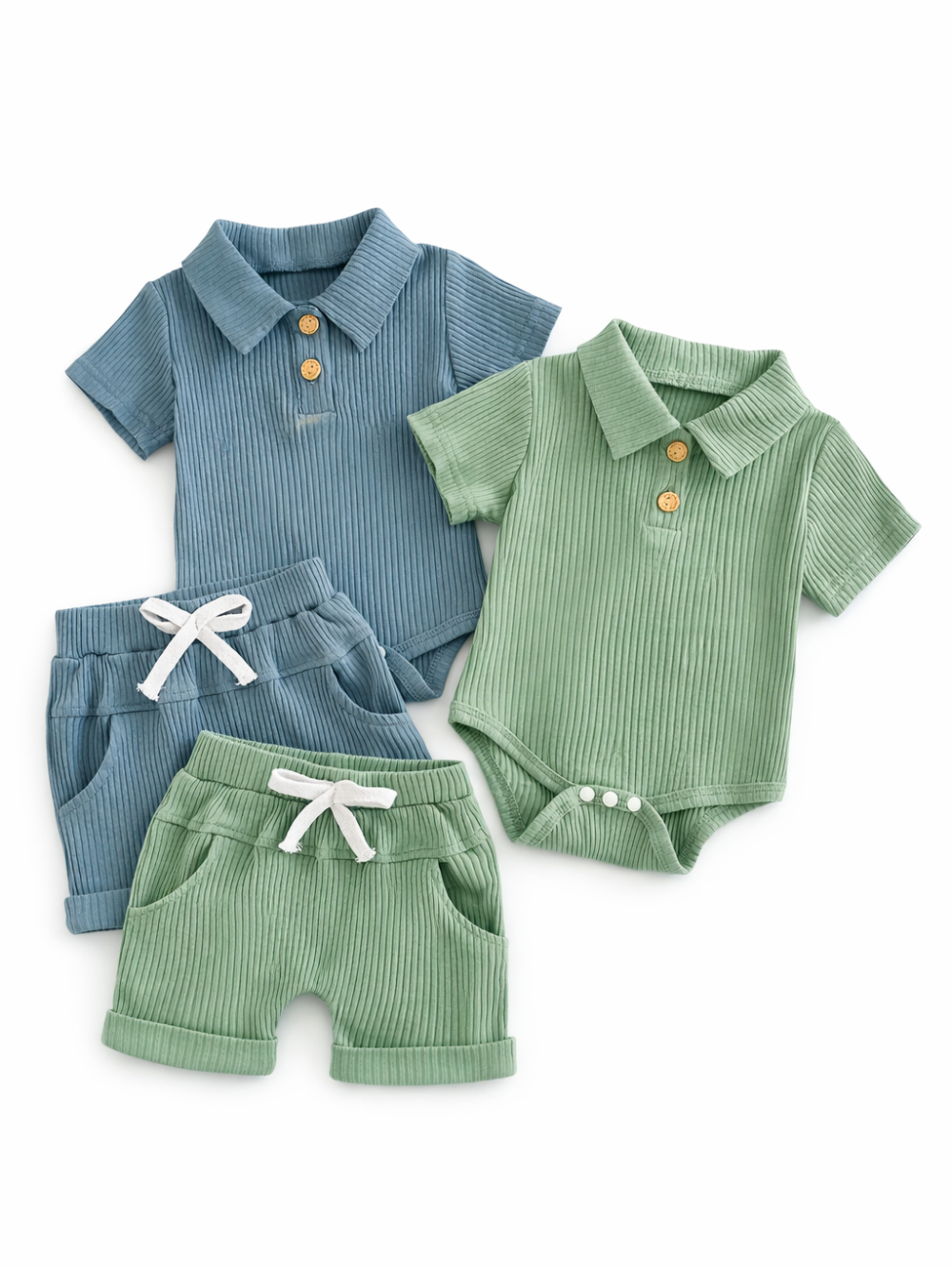 シーブルーのベビー上下セット ポロ襟風ボディスーツとショートパンツ 全体
