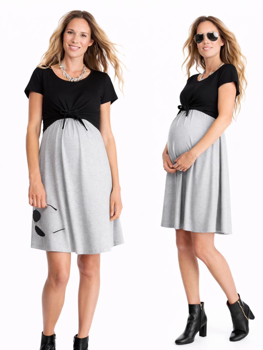 白背景のマタニティワンピース商品画像。日本人妊婦モデルが、ブラックの半袖トップスに胸下リボン結び、グレーの切替スカートを組み合わせた膝丈ドレスを2ポーズで着用し、正面と斜め横からシルエットを見せている。
