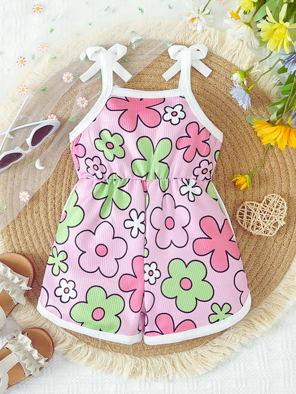 ピンク（ビッグフラワー）の女の子キャミソールショートサロペット全体（花柄プリント）
