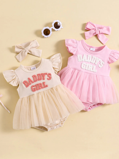 ミルキーホワイトとピンクの女の子ロンパースワンピ チュール付き 2色並び全体
