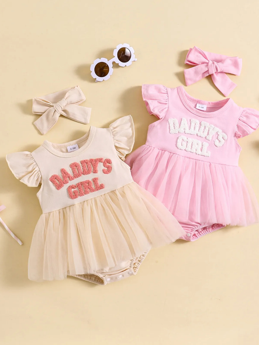 ミルキーホワイトとピンクの女の子ロンパースワンピ チュール付き 2色並び全体
