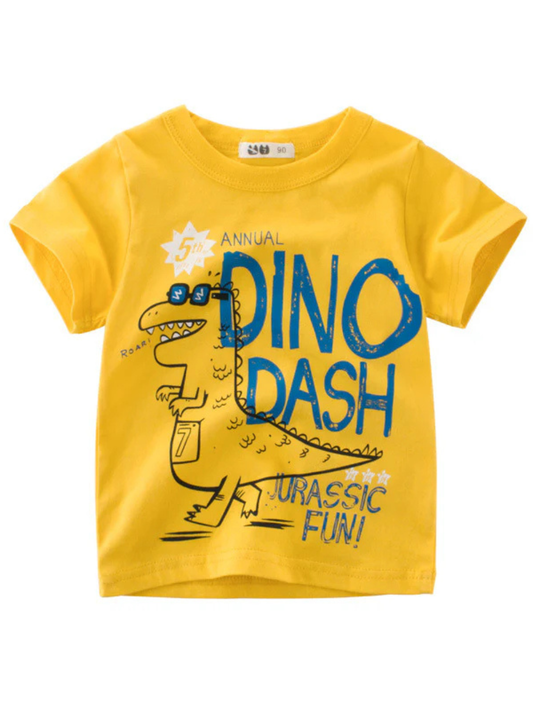 イエローのキッズ半袖Tシャツ 正面 動物プリントデザイン
