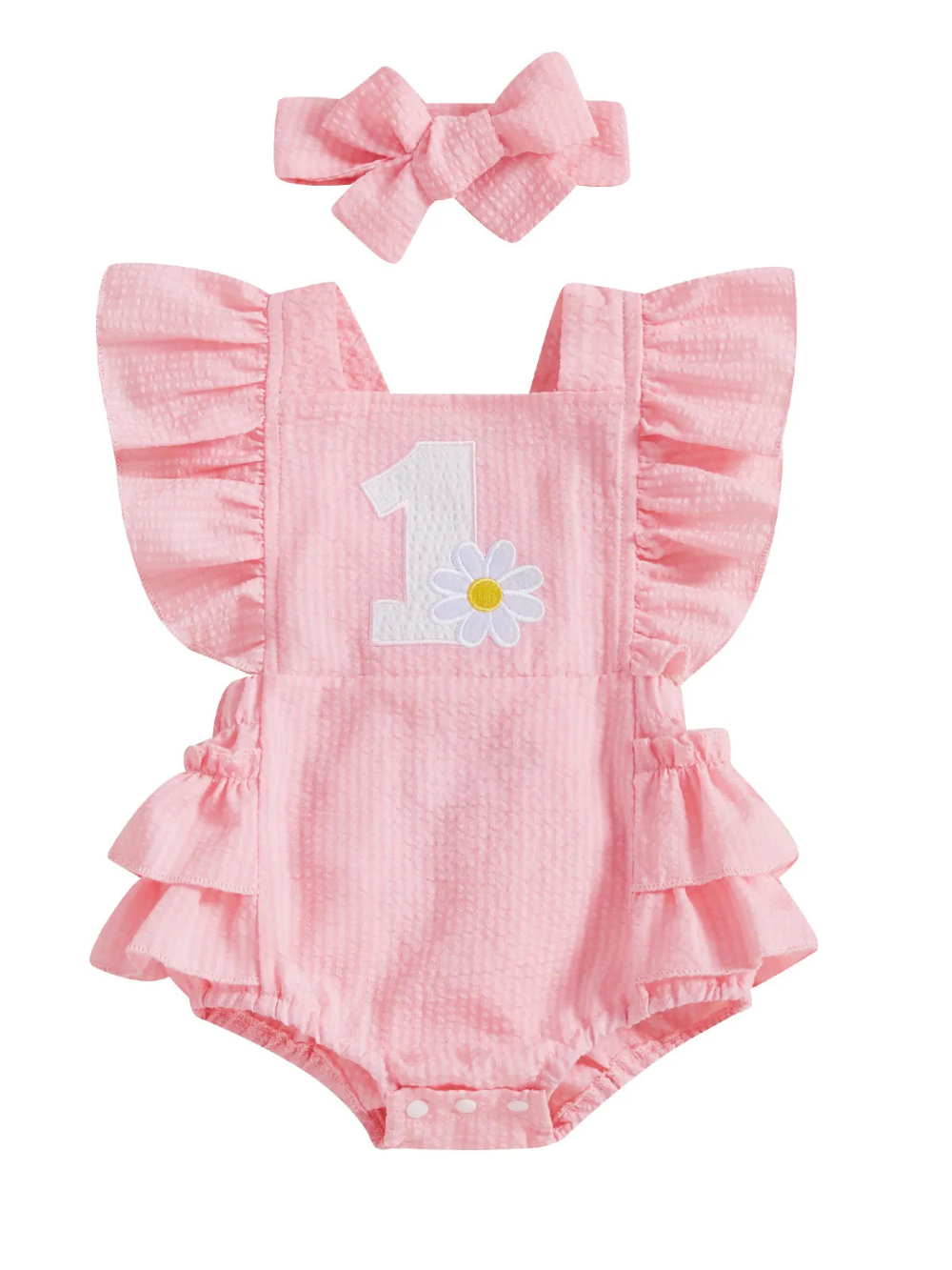 ピンクのフリルロンパースとリボンヘアバンドのセット 正面
