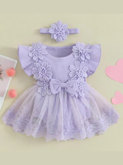 ライトパープルの立体フラワー刺繍チュール付きドレスボディスーツ
