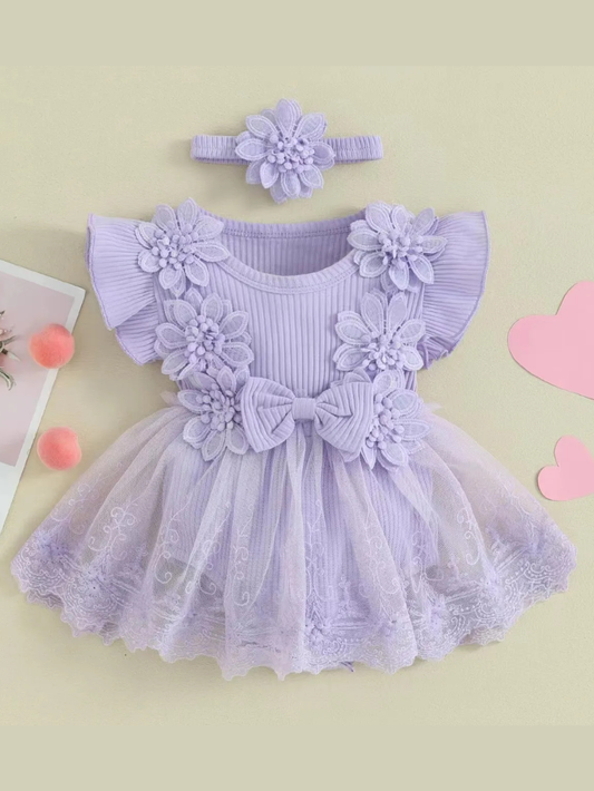 ライトパープルの立体フラワー刺繍チュール付きドレスボディスーツ
