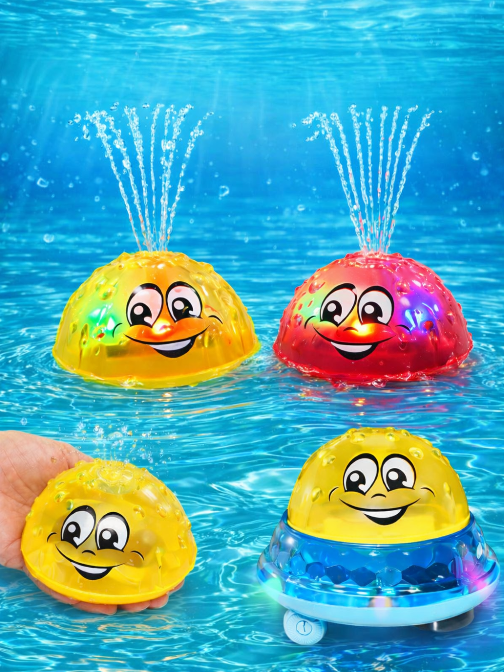 浴槽の中で水しぶきを噴き上げながら光る噴水UFOバストイ
