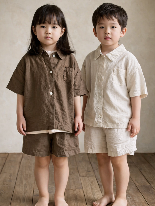 男女兼用の襟付き半袖シャツ＆ショートパンツセット カーキとアプリコットの着用イメージ
