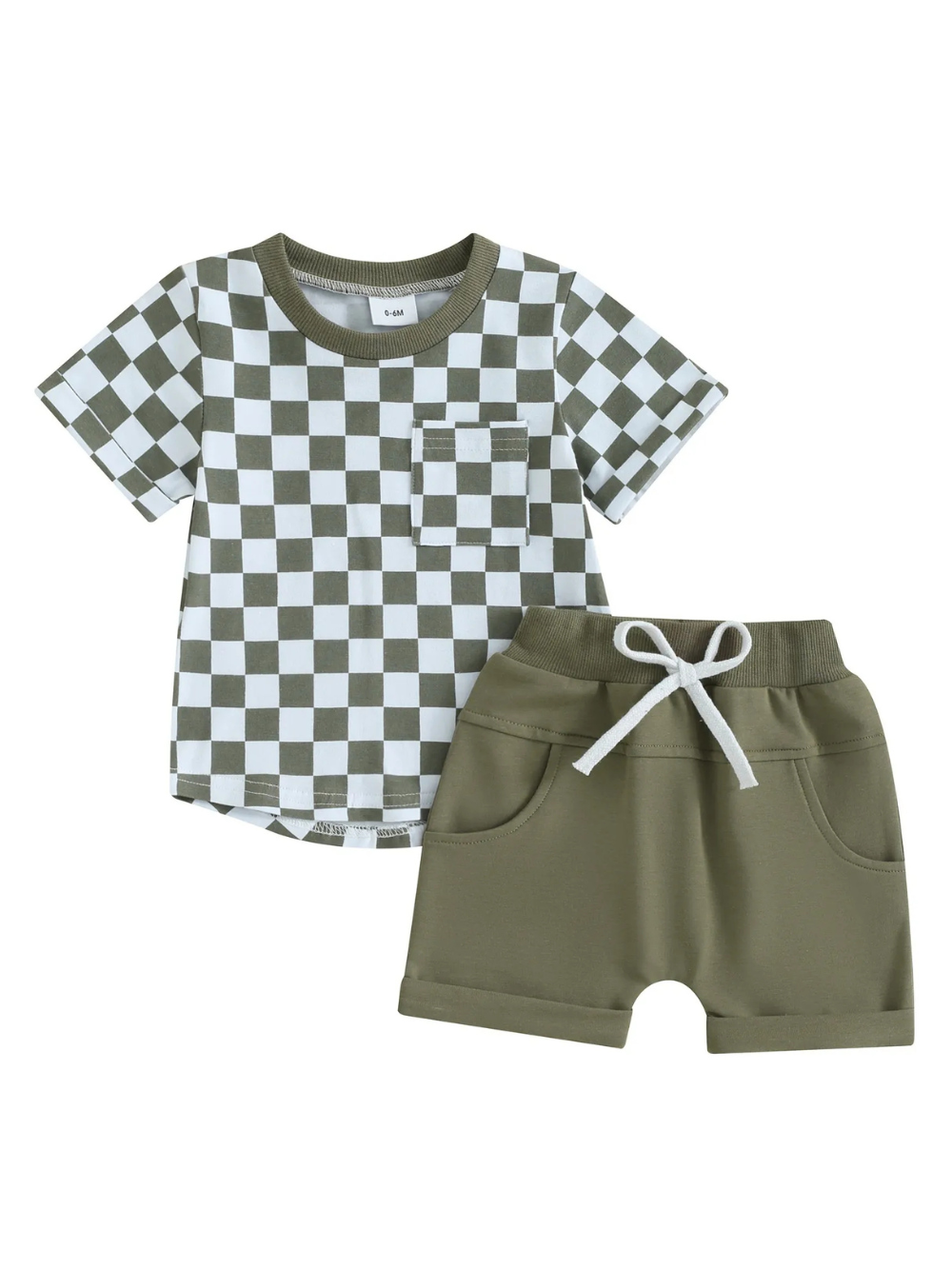 グリーンのチェッカー柄半袖Tシャツとショートパンツ上下セット 全体
