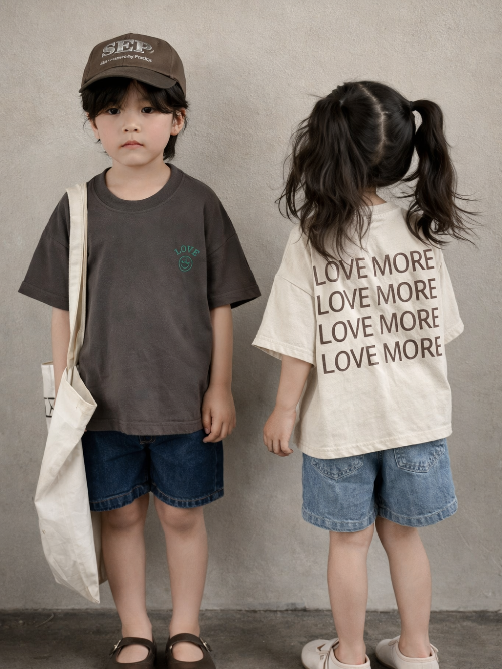 ダークグレーとアプリコットの子ども半袖Tシャツ 正面と背面の着用イメージ
