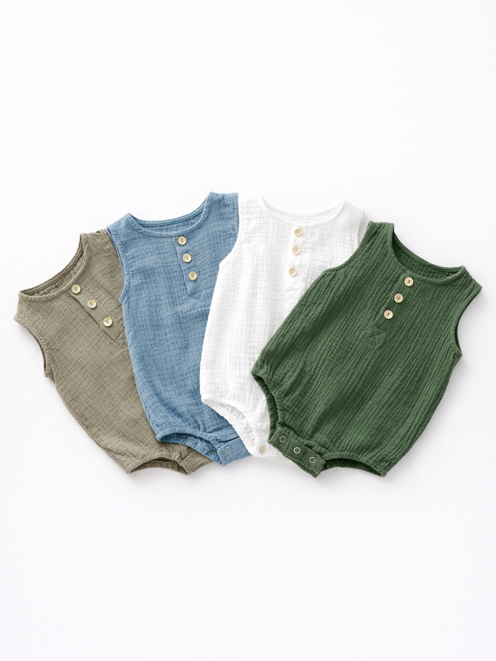 ノースリーブのダブルガーゼ風ベビーボディスーツ4色の並び
