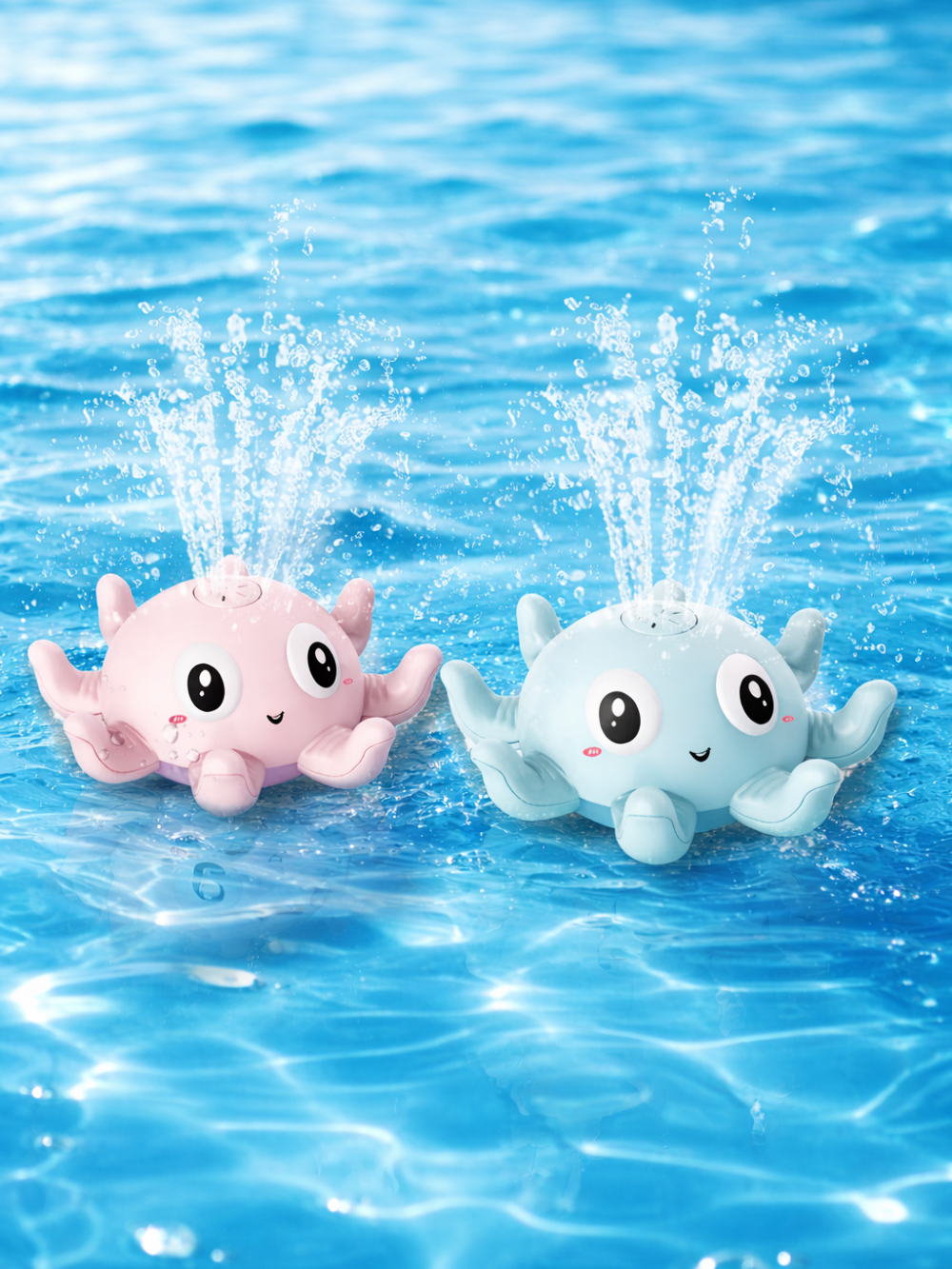 青く澄んだ水面に浮かぶタコ型の噴水バストイ2個。パステルピンクとライトブルーの本体に大きな目と笑顔があり、頭頂部から水が噴き上がって水しぶきと小さな泡が広がっている。
