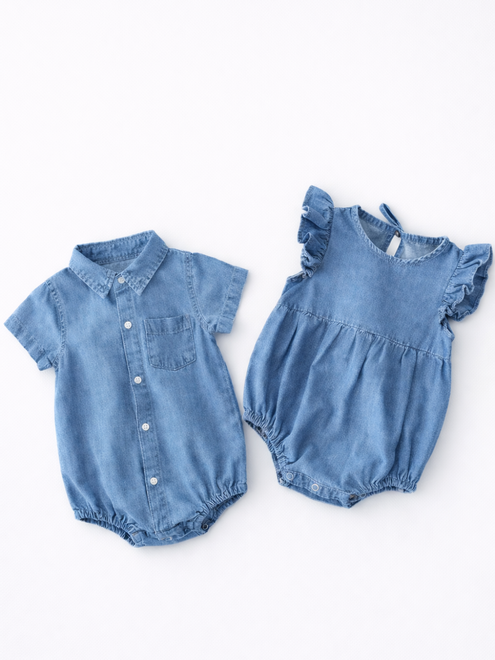 シャツ襟デザインとフリル袖デザインのデニム三角ボディスーツ2型セット
