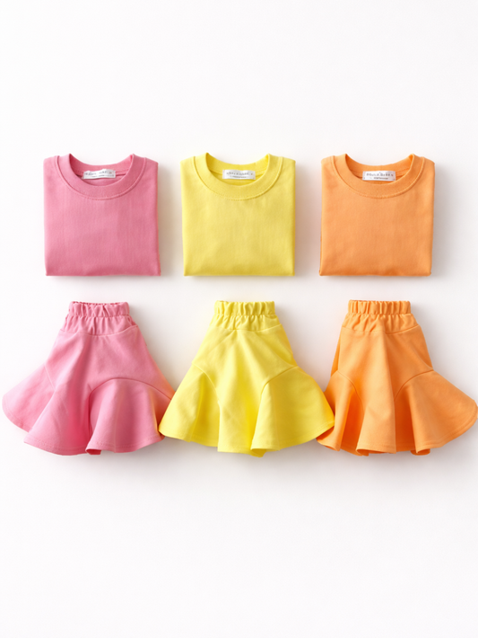 白背景のフラットレイで並べられたキッズ服6点。上段にピンク・イエロー・オレンジの半袖Tシャツが折りたたまれて配置され、下段に同色のフレアスカート（ウエストゴム、裾が広がるデザイン）が並んでいる。
