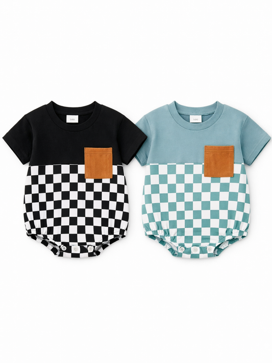 さらっと快適に夏コーデが決まる 子ども半袖ボディスーツ チェッカー柄パッチワーク ポケット付き ワッフル風 コットン混 0–18ヶ月