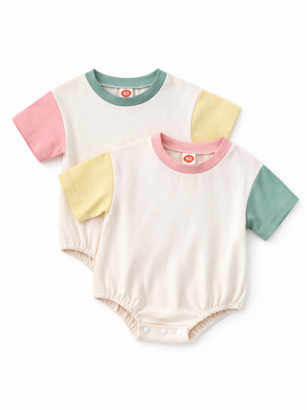 カラーブロック配色の半袖ベビーボディスーツ2枚の全体イメージ
