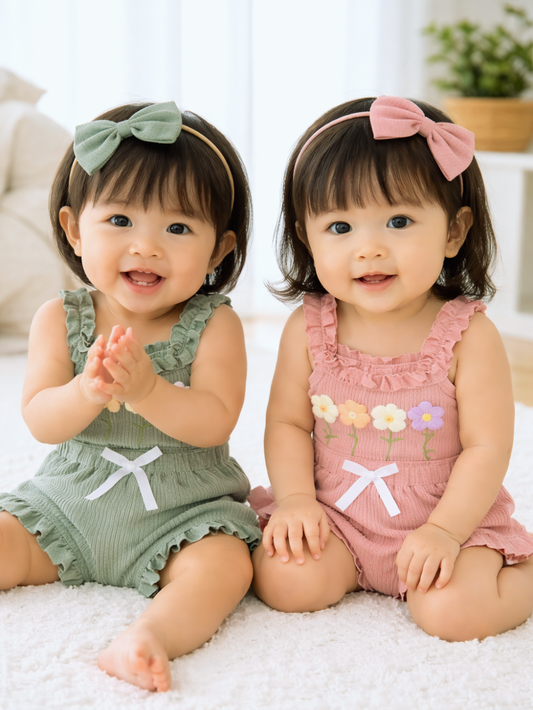 花柄刺繍とフリルが可愛いベビーロンパースを着た女の子の着用イメージ（グリーン・ピンク）
