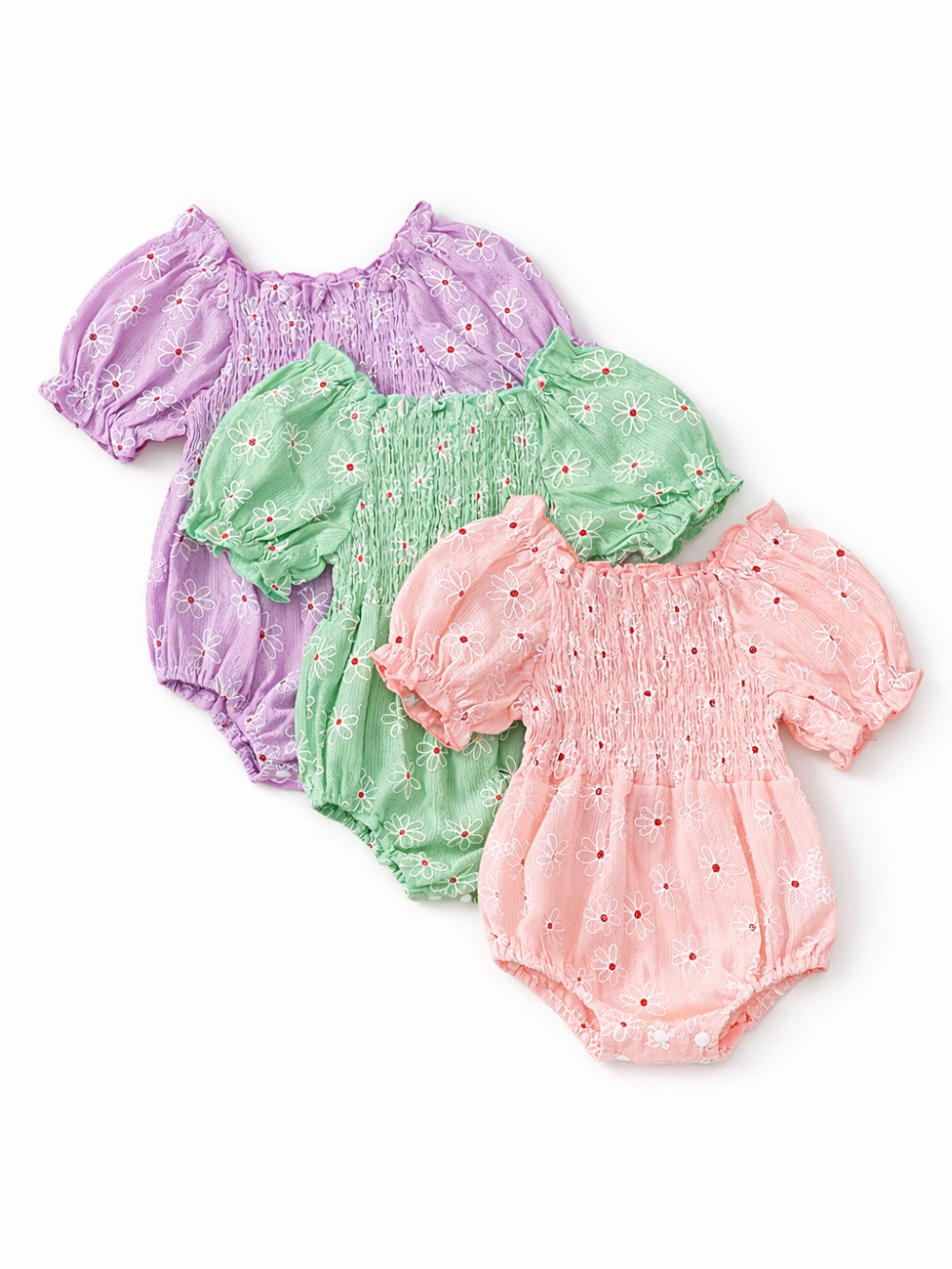 ふんわり小花とおひさまプリントが愛らしい 女の子パフ袖スカート付きロンパース コットン 切り替えデザイン 70–100cm