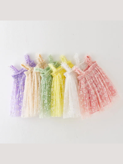 6色展開の花柄チュールスパゲッティストラップワンピース カラーラインナップ全体
