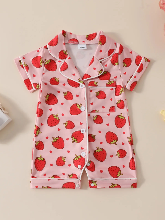 いちご柄プリント半袖ロンパースの全体イメージ
