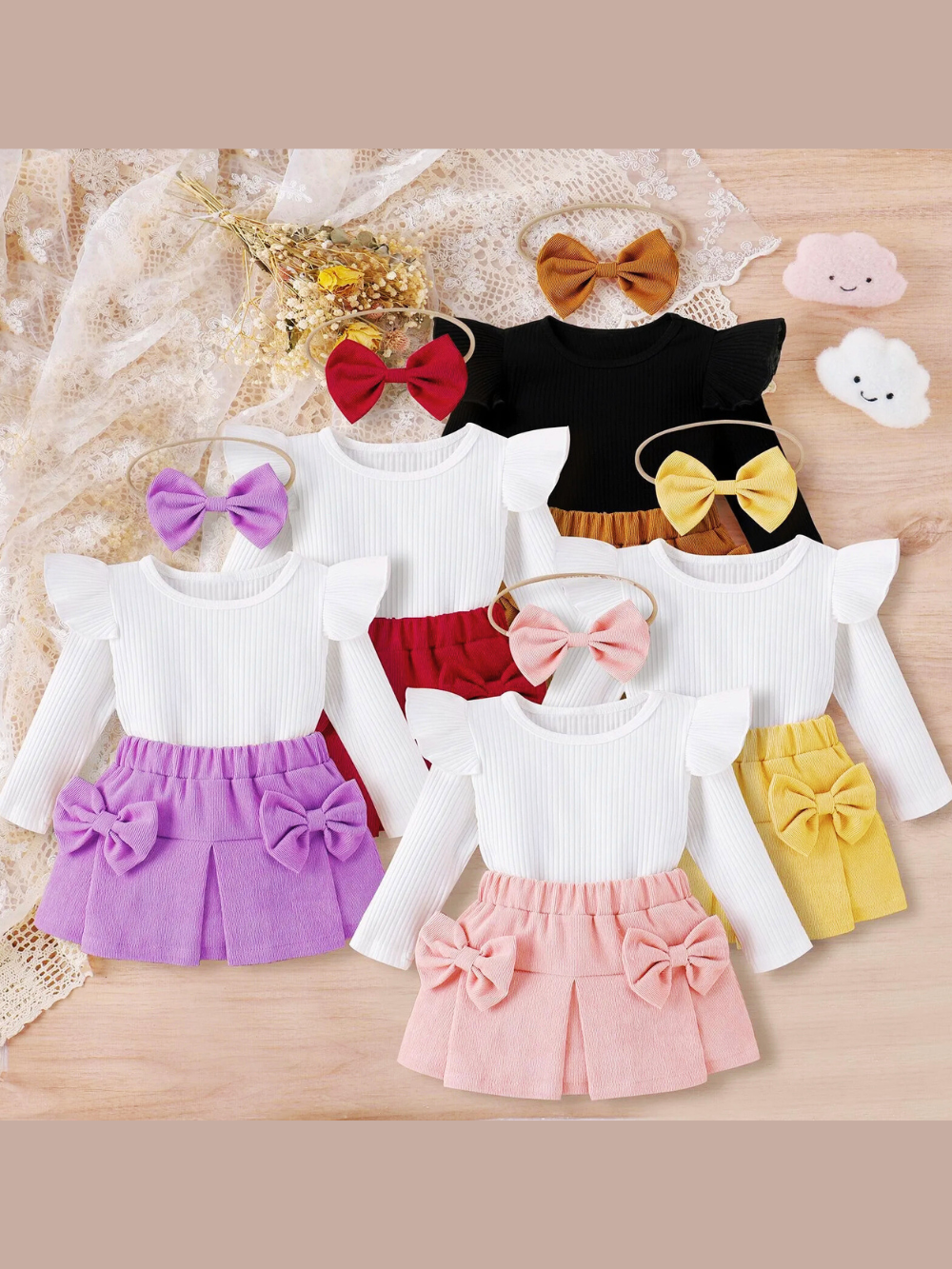 カラー違いが並んだ女の子長袖スカート3点セットの集合イメージ
