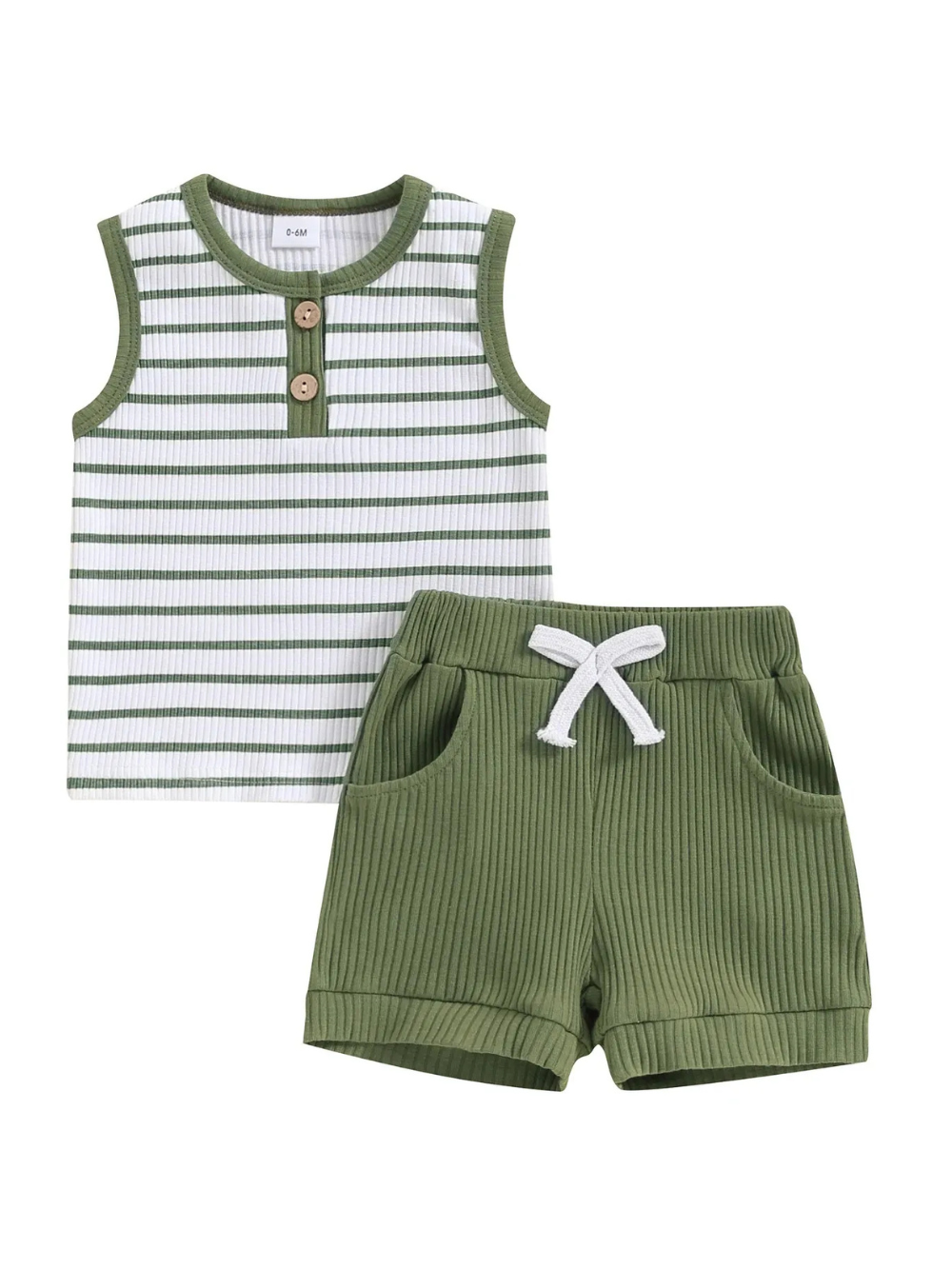 アーミーグリーンの男の子ノースリーブ上下セット ボーダートップスとショートパンツ
