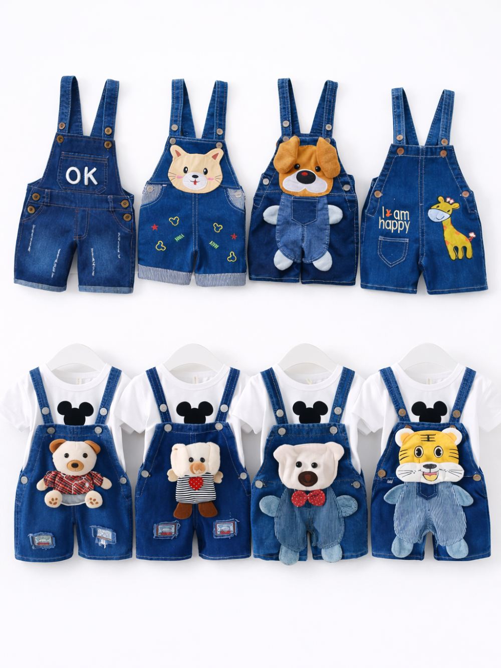 デザインA〜Jのベビーデニムサロペットショーツ全体バリエーション
