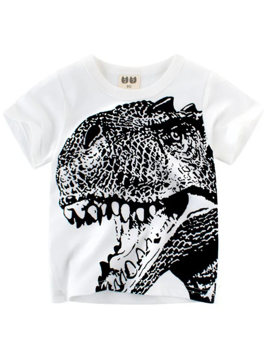 オフホワイトのキッズ半袖Tシャツ 迫力の恐竜プリント正面デザイン
