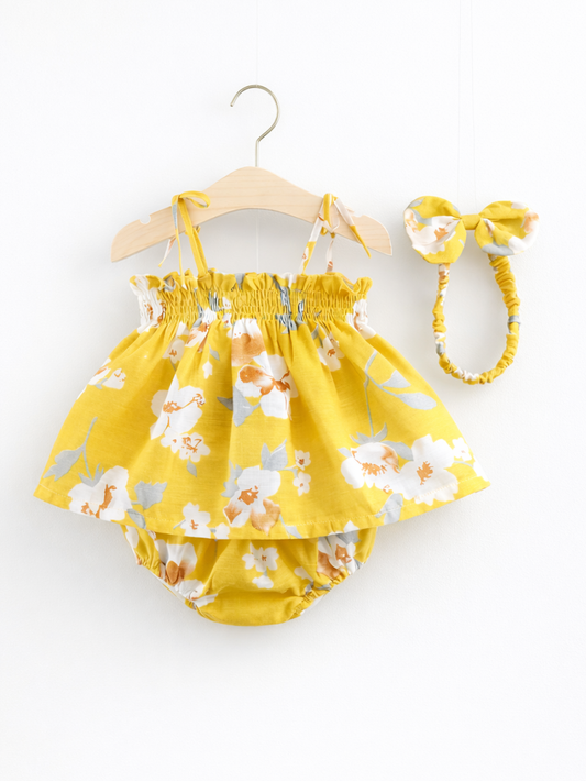 イエローの花柄ストラップワンピースセット 全体イメージ
