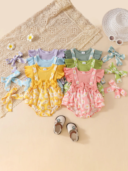 アボカドグリーン・オリーブグリーン・ピンク・パープル・スカイブルー・イエローの花柄ベビージャンプスーツ色展開集合
