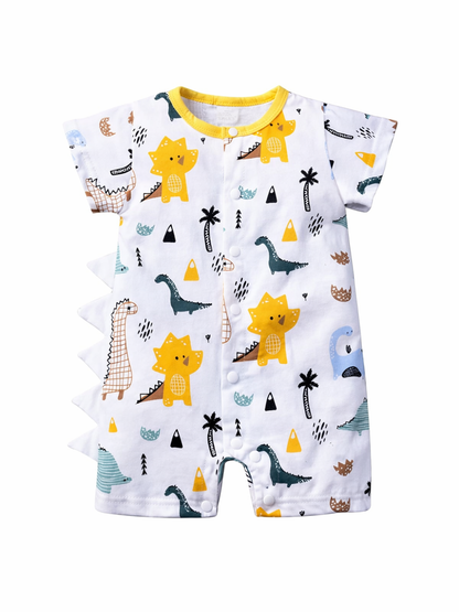さらっと夏を楽しむ ベビーショートロンパース 恐竜カートゥーンプリント 前開きスナップ コットン 66〜90cm
