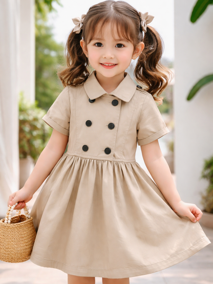 ベージュのトレンチ風ワンピースを着た小さな女の子。ダブルボタンと襟付きデザインで、屋外の明るい背景の中、笑顔で立ち、手にかごバッグを持っている。
