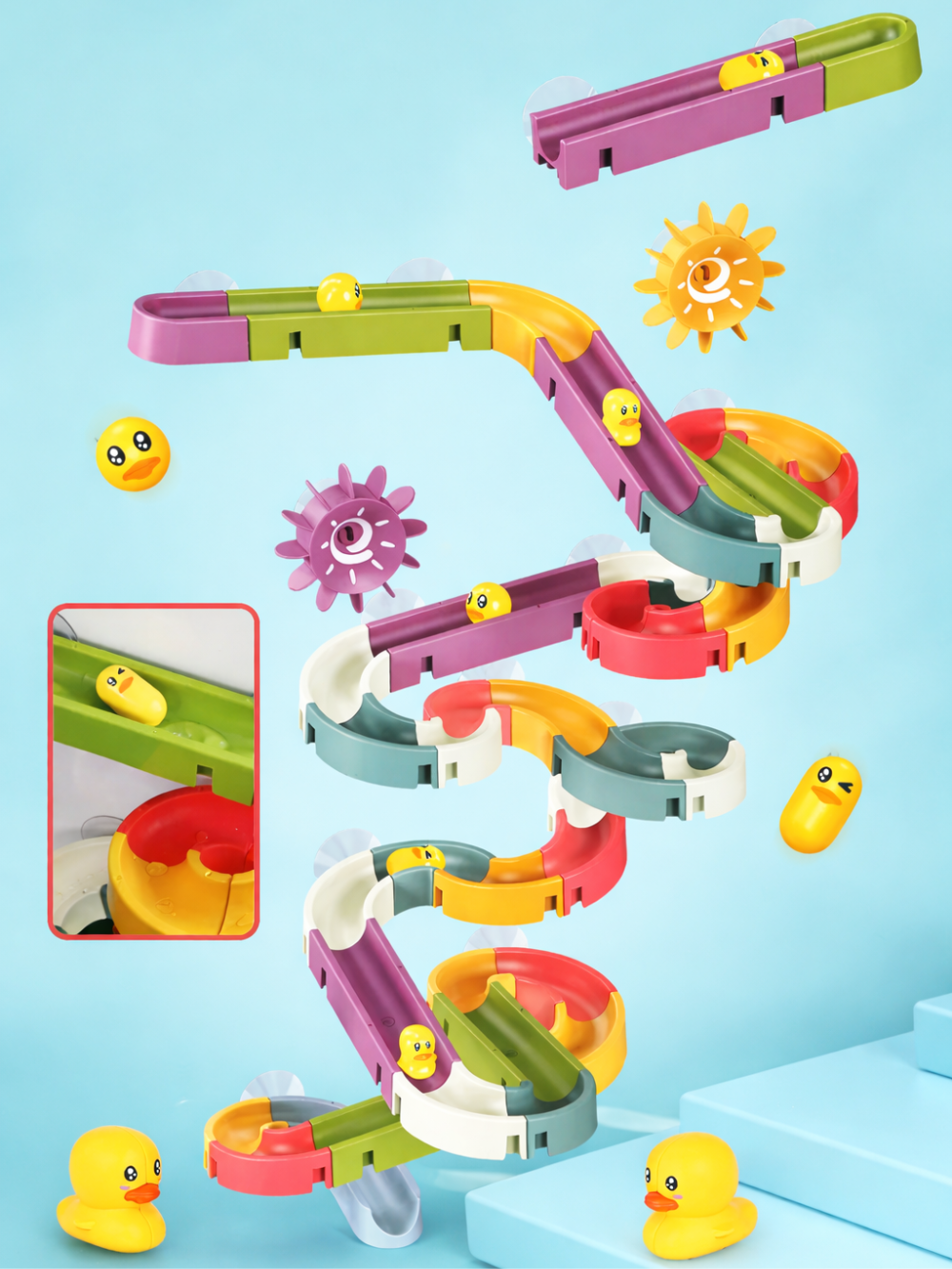 吸盤で浴室の壁に固定したDIYウォータートラック全体イメージ（お風呂おもちゃ）
