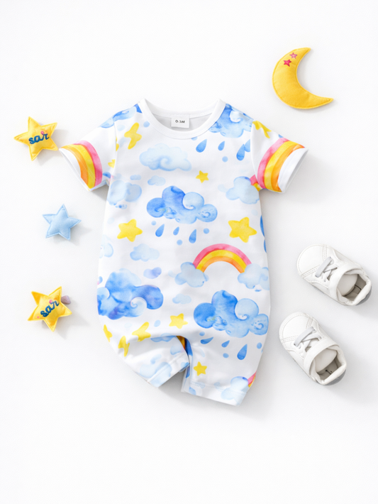 さらっと涼しく夏のおでかけが楽しくなる 女の子半袖ロンパース レインボー雲柄 コットン 薄手 59–90cm