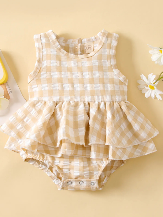 ふんわりフリルとチェック柄が夏に映える 女の子ノースリーブボディスーツ チェックデザイン コットン素材 60・70・80・90cm