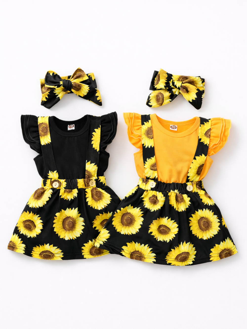 ひまわり柄サスペンダースカートとロンパースの女の子三点セット（ブラック・ブライトイエロー）
