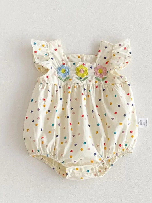 ベビーロンパース ベージュ 花刺繍とカラフルドット フリル袖 正面全体
